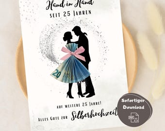 Silver wedding anniversary money gift, last-minute gift, 25 years of marriage, bride and groom photo money gift, DIY silver wedding anniversary craft template, PDF