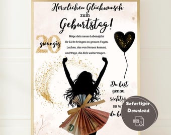 Money gift for a woman's 20th birthday, gift idea for a 20th birthday, last-minute gift, DIY craft template for a money gift, instant download PDF A4