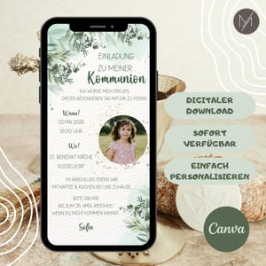 Könnte beinhalten: Eine digitale Einladung zur Kommunion, angezeigt auf einem Smartphone. Das Design zeigt florale Akzente, ein Foto eines jungen Mädchens und Text auf Deutsch. Die Einladung enthält Details zur Veranstaltung.