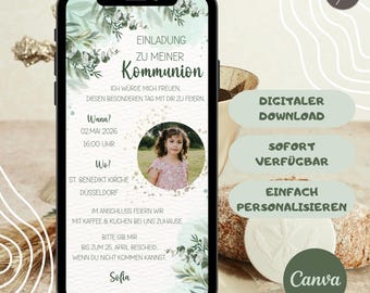 Digitale Einladung Kommunion Personalisiert, Einladung Konfirmation, Digitale Einladungskarte Firmung, WhatsApp Einladung Foto, Canva E-Card