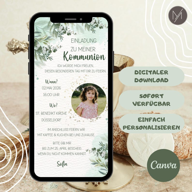 May include: A digital invitation for a Communion, displayed on a smartphone. The design includes floral elements, a photograph of a girl, and German text. The invitation provides the date, time, and location of the event.