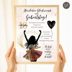 Op de afbeelding: Een ingelijste print met Duitse tekst ter viering van een verjaardag. Het ontwerp toont een silhouet van een persoon met opgeheven armen, een zwarte hartballon en gouden accenten. De jurk van de persoon is gemaakt van eurobiljetten.