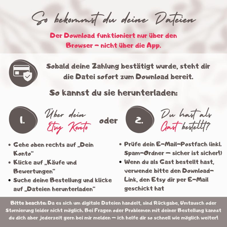 May include: A digital download instruction sheet with text in German. The sheet explains how to download files after purchase, including steps for Etsy account users and guest buyers. The design features a credit card icon and a handwritten font.