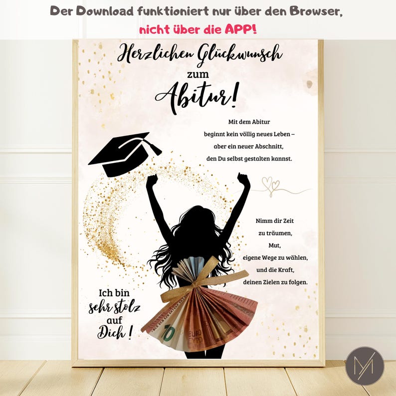 May include: A framed print with a graduation theme. The design features a silhouette of a person with arms raised, a graduation cap, and text in German. The artwork includes gold glitter accents and a bow made of Euro banknotes.