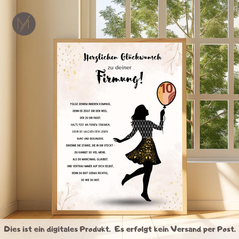 May include: A framed print with the text "Herzlichen Gl&uuml;ckwunsch zu deiner Firmung!" and a silhouette of a woman holding a balloon with the number 10. The print has a gold and black color scheme with floral accents.