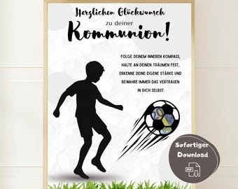May include: Framed print with a soccer theme. A black silhouette of a child kicking a soccer ball is featured. The print includes German text, a soccer ball with a 20 Euro note, and the words "Sofortiger Download PDF."