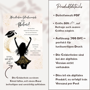 May include: A digital graduation card with gold accents and text in German. The card features a silhouette of a person in a graduation gown, with text that reads "Herzlichen Gl&uuml;ckwunsch zum Abitur!" and "Ich bin sehr stolz auf Dich!"