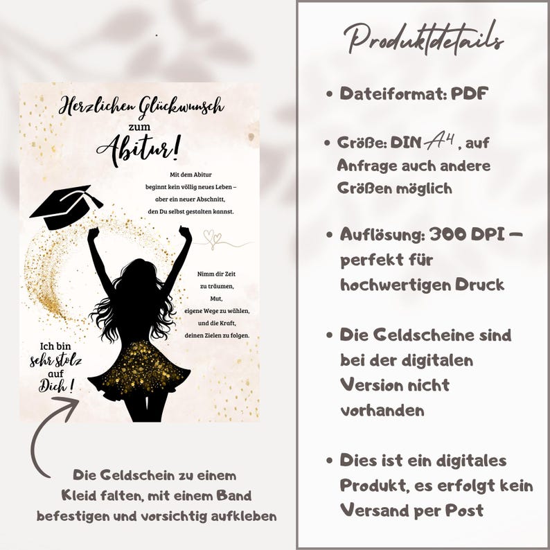 May include: A digital graduation card with gold accents and text in German. The card features a silhouette of a person in a graduation gown, with text that reads "Herzlichen Gl&uuml;ckwunsch zum Abitur!" and "Ich bin sehr stolz auf Dich!"