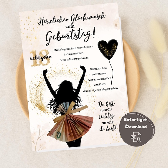 Geldgeschenk 18.Geburtstag Mädchen 18.Geburtstag Last Minute Geschenk volljährig Bastelvorlage Geldgeschenk sofort ausdrucken Download PDF