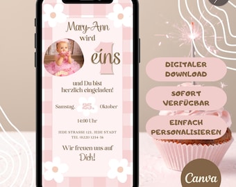 Gepersonaliseerde digitale uitnodiging voor de eerste verjaardag van een meisje met foto. Digitale uitnodiging voor een kinderfeestje via WhatsApp. Uitnodiging voor een eerste verjaardag.