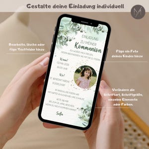 May include: A smartphone screen shows a personalised Communion invitation. The design includes floral elements, a photograph of a young girl, and event details. Text includes "Invitation to my Communion" and editable fields.