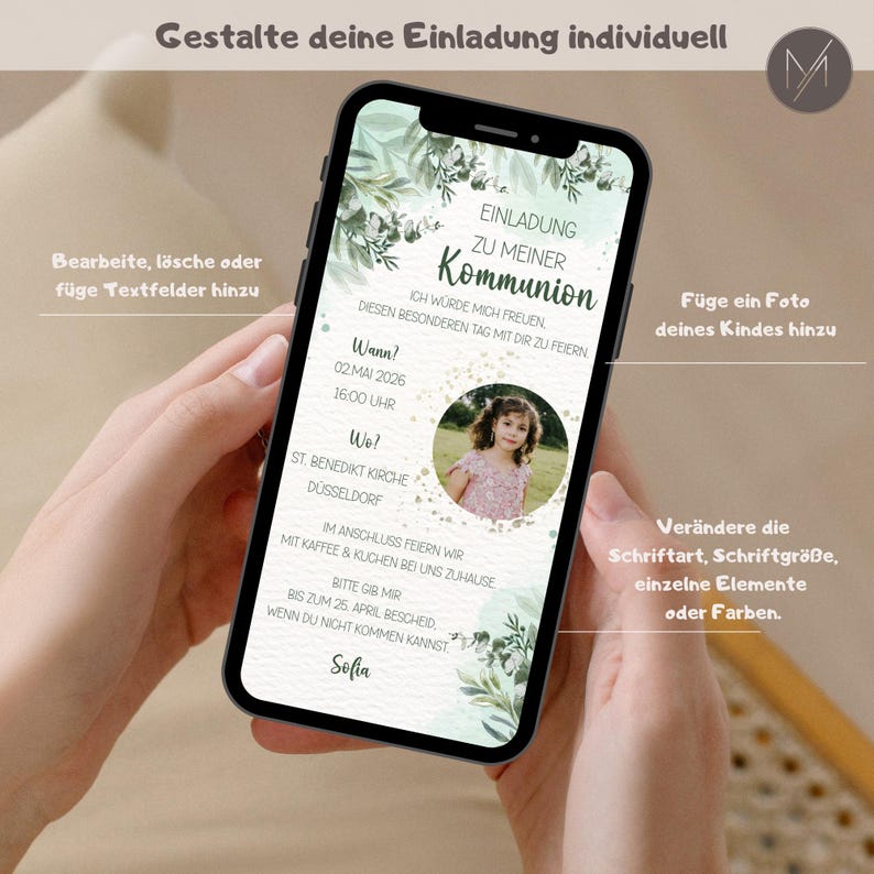 May include: A smartphone screen shows a personalised Communion invitation. The design includes floral elements, a photograph of a young girl, and event details. Text includes "Invitation to my Communion" and editable fields.