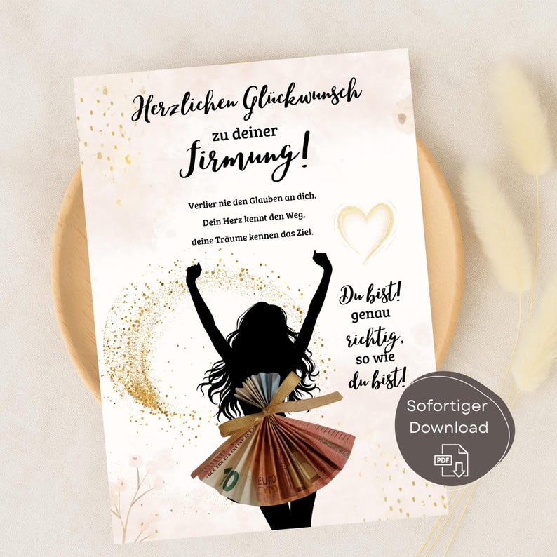 Confirmation money gift for girls, last-minute confirmation gift, DIY confirmation craft template, congratulatory card, instant download A4, PDF file image 1