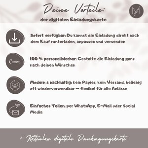 May include: Digital invitation card in German, detailing benefits such as instant availability, 100% customisation, modern and sustainable design, and easy sharing via WhatsApp, email, or social media. Features a Canva logo.
