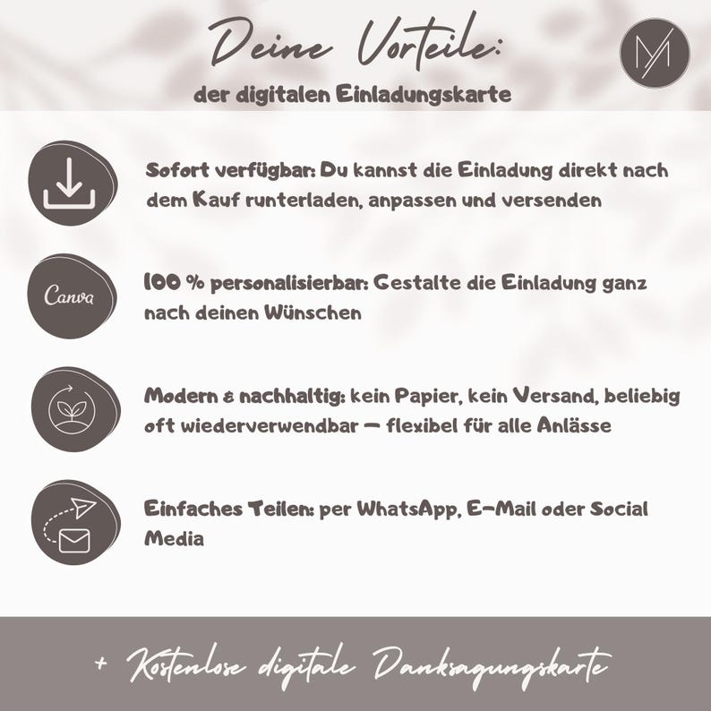 May include: Digital invitation card in German, detailing benefits such as instant availability, 100% customisation, modern and sustainable design, and easy sharing via WhatsApp, email, or social media. Features a Canva logo.
