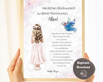 Gepersonaliseerd communiegeldcadeau voor meisjes, lastminute communiecadeau, printbaar doe-het-zelf-sjabloon, communiekaart, knutselsjabloon in PDF A4-formaat