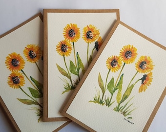 Watercolour Sunflower Cards printed from my original artwork onto textured paper and mounted on recycled Kraft card. Blank inside.