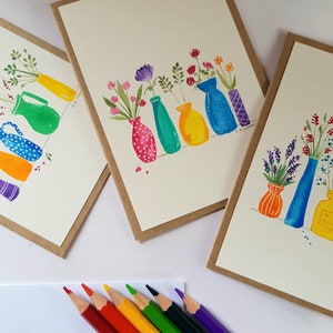 3 Prints from Original Watercolour Cards -  flowers in vase - Thankyou - Friendship - Blank inside - Recycled Kraft Card - Notecards