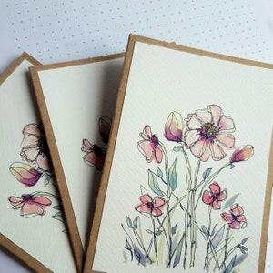 Art card or notebook printed from an original pen and wash watercolour floral design of wildflowers for Thank you, Birthday or Friendship.