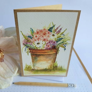 Art card printed from an original watercolour floral Design for a Thank you, Birthday Friendship. Flowers in a bucket- Framable Art.