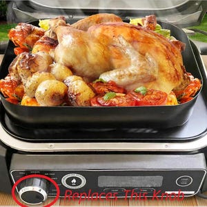 May include: A cooked chicken with roasted potatoes and tomatoes in a black pan on an electric grill. The grill features a control knob and the text "Replaces This Knob". The food is steaming, indicating it's freshly cooked.