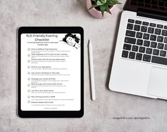 May include: A digital tablet displaying an RLS-Friendly Evening Checklist with a graphic of a sleeping person, a white stylus, and a laptop keyboard. The text outlines bedtime rituals including herbal tea, magnesium, and stretching.
