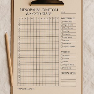 May include: A printable menopause symptom and mood diary tracker. The tracker has a calendar grid for each month of the year and a checklist of common menopause symptoms and triggers. The checklist includes hot flashes, night sweats, mood swings, anxiety, sleep issues, fatigue, headaches, vaginal dryness, caffeine, alcohol, stress, skipped meals, and poor sleep. The tracker also has a section for journal notes.