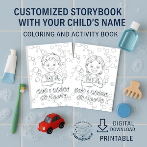 Historia personalizada sobre el cepillado de dientes y libro para colorear para niños - Registro de hábitos de cepillado de dientes - Actividad imprimible de higiene dental