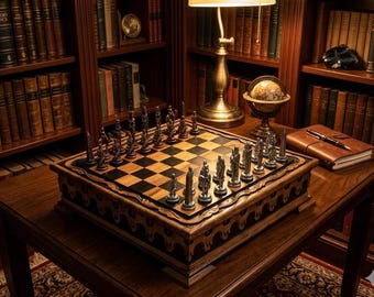 Op de afbeelding: Een houten schaakspel met een bord met afwisselend lichte en donkere vakjes, vergezeld van metallic zilveren en donkerbronzen schaakstukken. Het bord staat op een decoratieve houten voet met uitgesneden randen, geplaatst op een bureau.