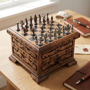 Può includere: Un set di scacchi in legno con una scacchiera quadrata a riquadri chiari e scuri. La base è una scatola in legno intagliato marrone scuro con motivi in rilievo. I pezzi degli scacchi sono metallici e raffigurano delle figure.