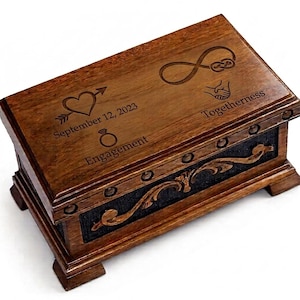 Coffret à bijoux en bois personnalisé avec serrure à combinaison, coffret en noyer à compartiment secret, coffre au trésor gravé à la main, cadeau d'anniversaire pour épouse