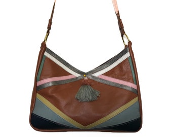 Brown leather shoulder bag with multi-color geometry and beaded tassel