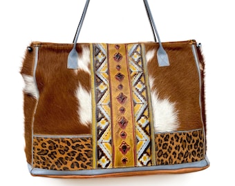 SALE (was 278.00) XL brown and white hair-on cowhide tote with colorful tooled and leopard trim