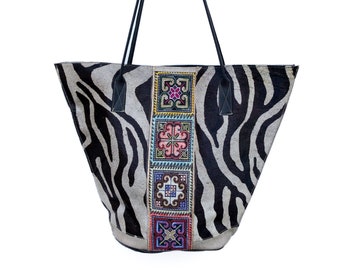 SALE (was 188.00) -- Large zebra patterned hair-on cowhide bag with colorful tribal textile trim