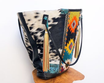 SALE (was 198.00) Extra large cowhide and kilim textile tote or travel bag