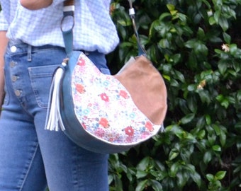 Floral printed lambskin and cowhide leather crossbody canteen bag in brown, blue and red mixed leathers