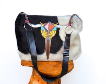 SALE (was 188.00) Hair on cowhide crossbody bag with hand cut leather longhorn skull collage and serape stripe leather trim