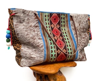 SALE (was 268.00) XL brown and white hair-on cowhide tote with colorful tooled leather trim