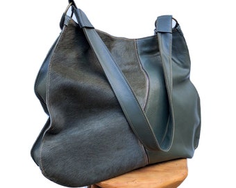 Large cowhide leather shoulder bag in moss army green mixed leathers