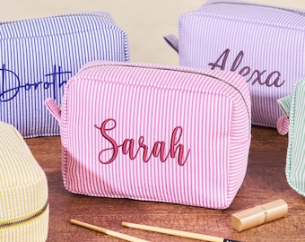 Bridesmaid Gifts, Monogrammed Makeup Bag, Custom Travel Makeup Bag, Seersucker Makeup Bag, Personalized Cosmetic Bag, Toiletry Bag