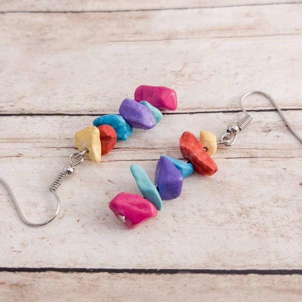 Beaded Dangle Earrings, Stone Chip Earrings for Women, Hippie Boho Jewelry, Nugget Earrings, Rainbow Stone Earrings, Bright Colorful Set