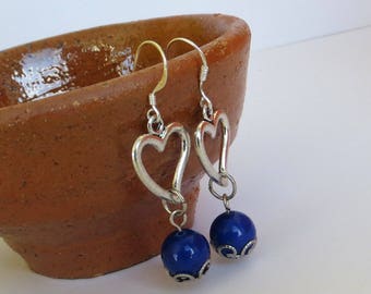 Blue Heart Earrings Silver Earrings with Heart Pendant Earrings, Mother's Day Jewelry, Mother's Day Earrings for Mother's Day Gift Idea