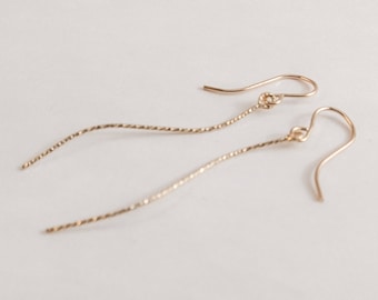 Sparkly Gold Earrings 14K, Simple Long Earrings Gold Earrings Wedding Dangle, Long Thin Earrings, Curvy Earrings Dangle, Curved Bar Earring