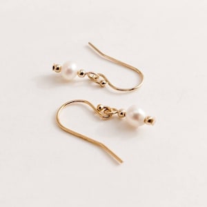May include: A pair of gold dangle earrings with small white pearls. The earrings have a simple design and are perfect for everyday wear.
