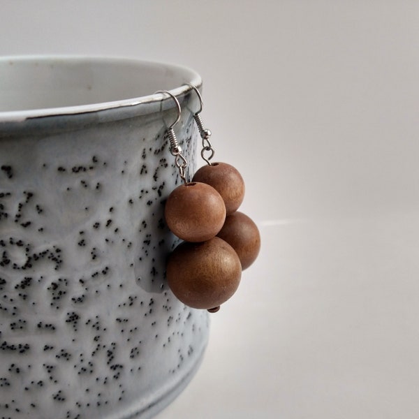 Pendientes de madera sencillos para mujer, pendientes de madera hechos a mano, pendientes de cuentas de madera negra, pendientes de cuentas de madera marrón natural, grandes