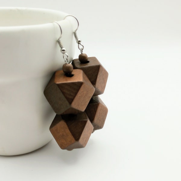 Boho Dangle Earrings Women, Large Handmade Bohemian Earrings, Brown Wood Earrings, Geometric Cube Bulky Earrings, Natural Jewelry Wooden