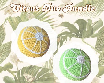 May include: The image displays a Citrus Duo Bundle. It features two crocheted spheres, one yellow and one green, each with white detailing to resemble citrus fruit. The text "Citrus Duo Bundle" is in a decorative font.