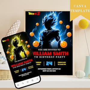Editable Dragon ball Invitation, Dragon ball Birthday Invitation Digital Kids Party Template Boys Invite, 3 in 1 Canva Design