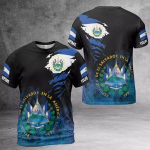 Custom El Salvador Flag T-Shirt – Personalized Salvadoran Pride Shirt with Blue Flame Design