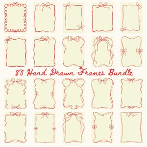 May include: A collection of 18 hand-drawn frames in red, each with a unique design. Some frames feature bows, while others have decorative edges. The text "80 Hand Drawn Frames Bundle" is written in red script.